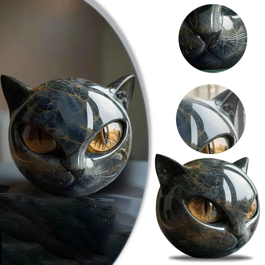 Black Cat Resin Figurine - Marble Texture Cat Head Stone Keepsake Office Desk Decor Gift for Cat Lovers Healing Crystal Style