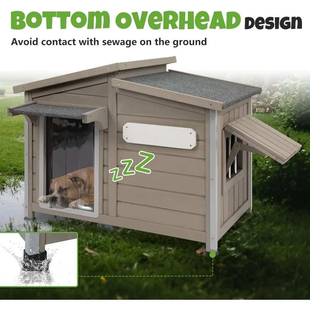 Large Outdoor Wooden Dog House, Weatherproof Dog Houses with Adjustable Vent Windows, Alloy Chew-Resistant Frame, Removable Floo