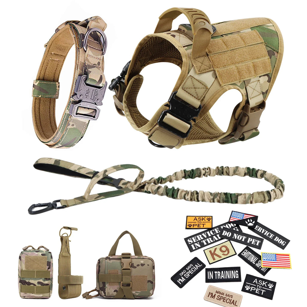 Military Dog Harness/ Collar/ Leash- Bags- Patches Set- Pet Malinois Training Vests-Sizes S to XL- Collars/Leashes