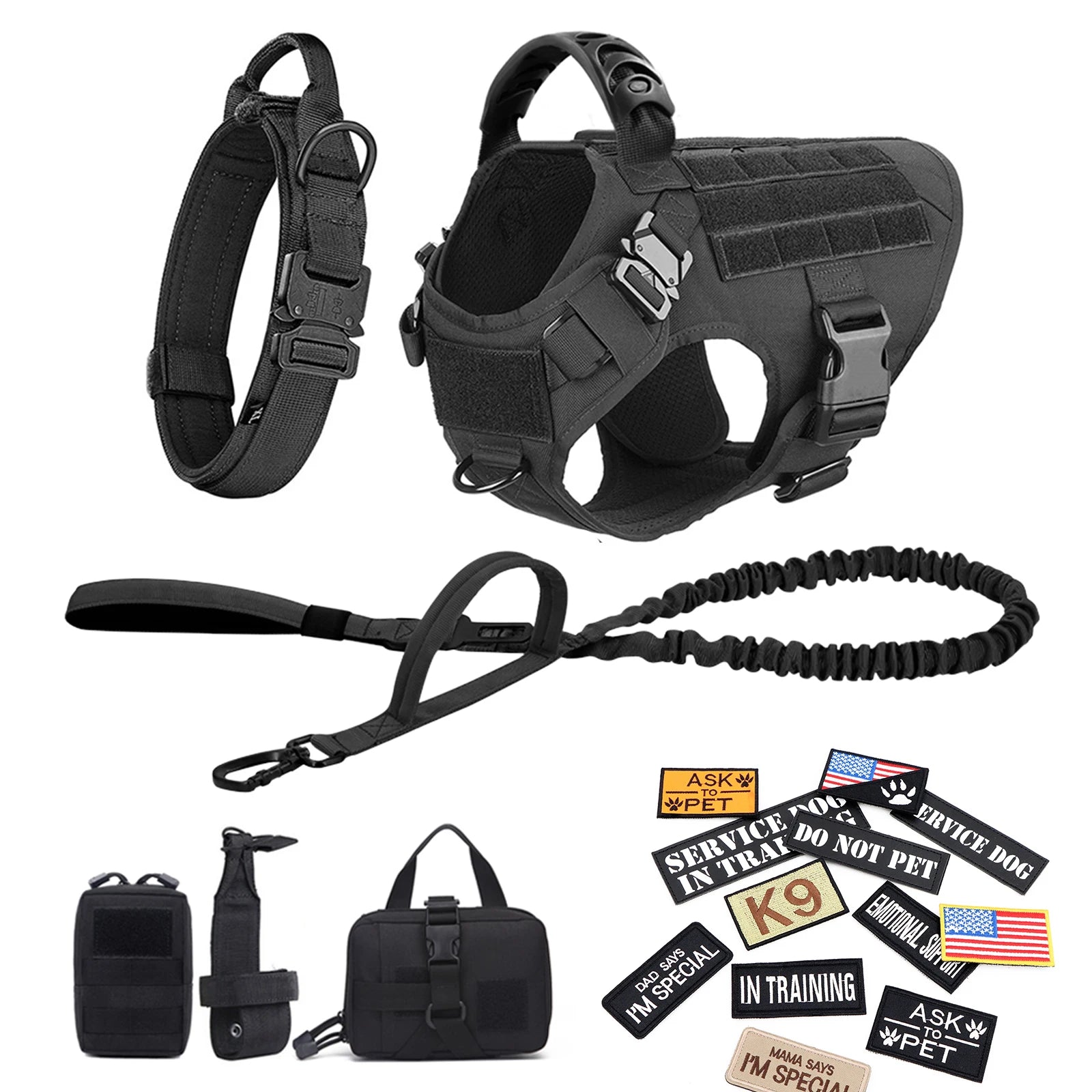Military Dog Harness/ Collar/ Leash- Bags- Patches Set- Pet Malinois Training Vests-Sizes S to XL- Collars/Leashes