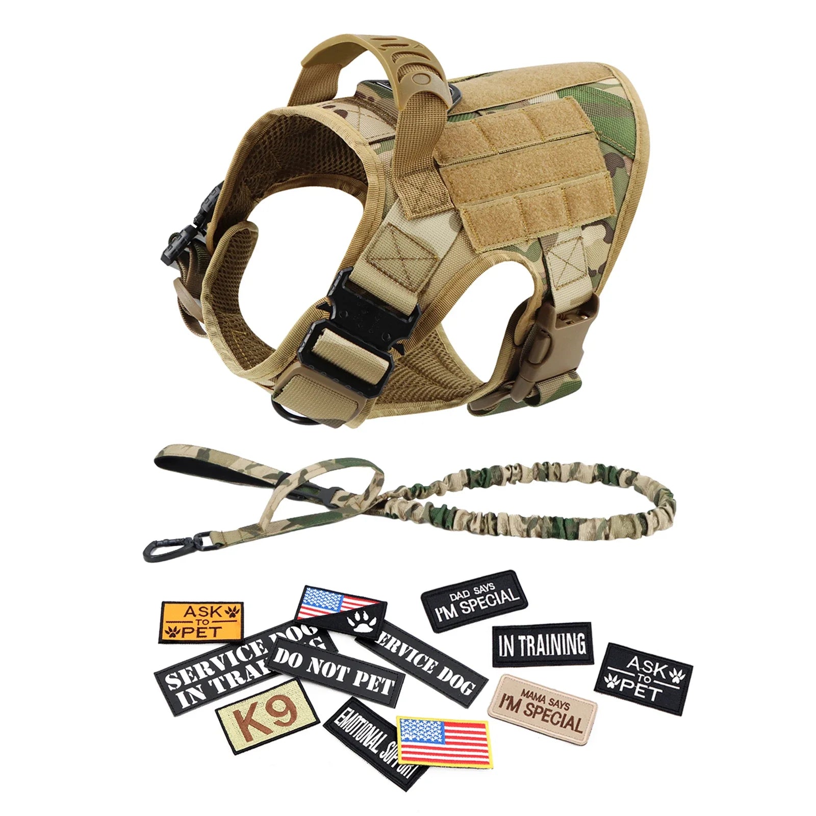 Military Dog Harness/ Collar/ Leash- Bags- Patches Set- Pet Malinois Training Vests-Sizes S to XL- Collars/Leashes