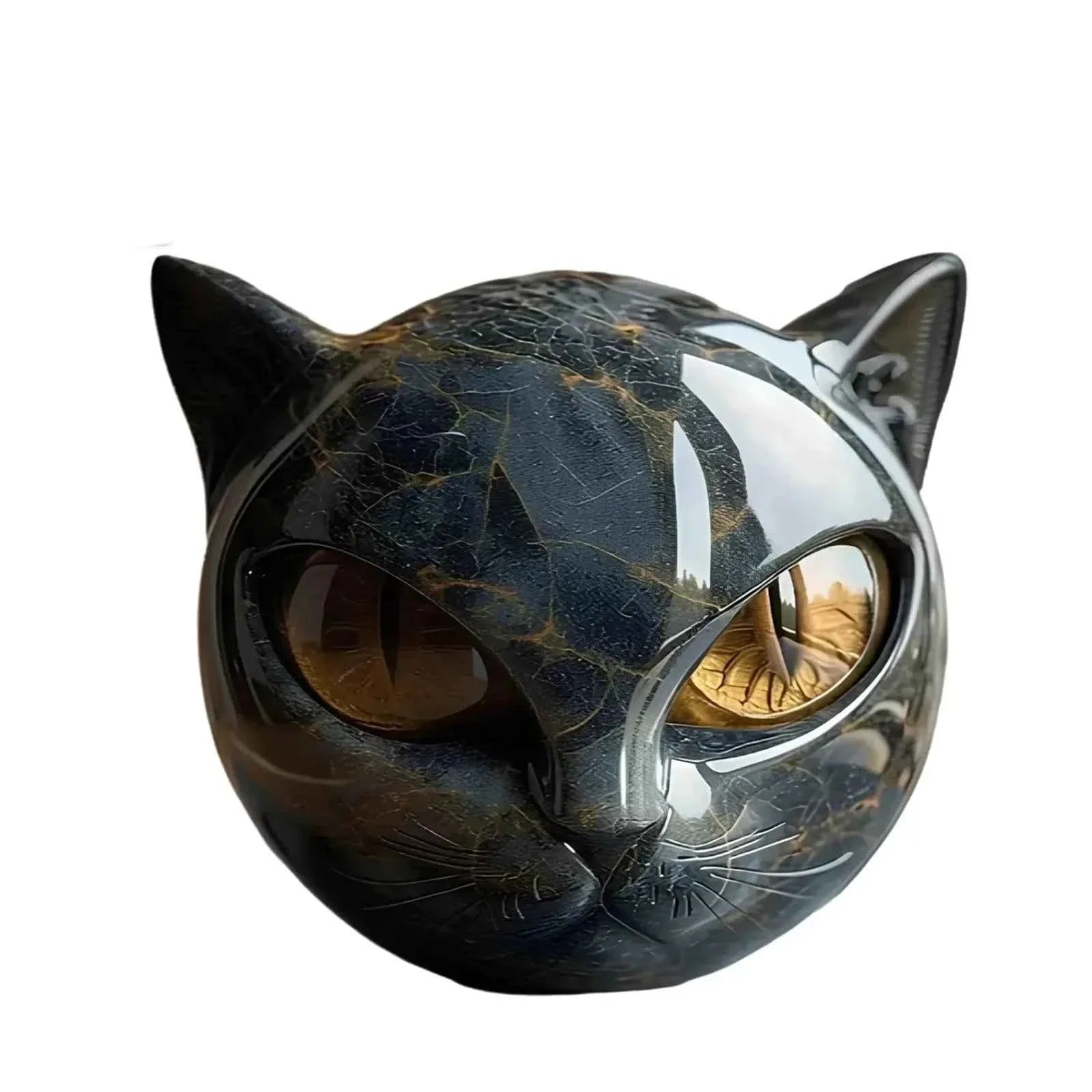 Black Cat Resin Figurine - Marble Texture Cat Head Stone Keepsake Office Desk Decor Gift for Cat Lovers Healing Crystal Style