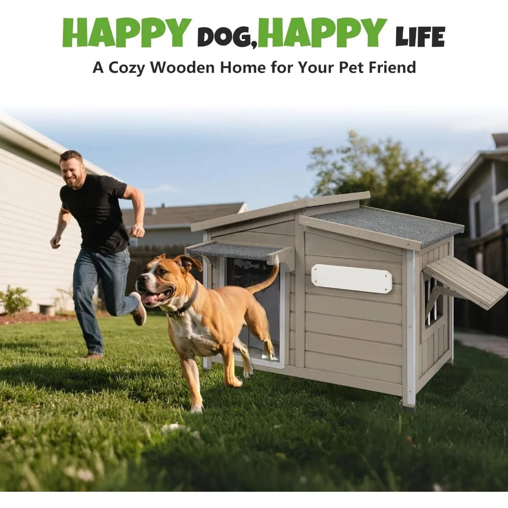 Large Outdoor Wooden Dog House, Weatherproof Dog Houses with Adjustable Vent Windows, Alloy Chew-Resistant Frame, Removable Floo