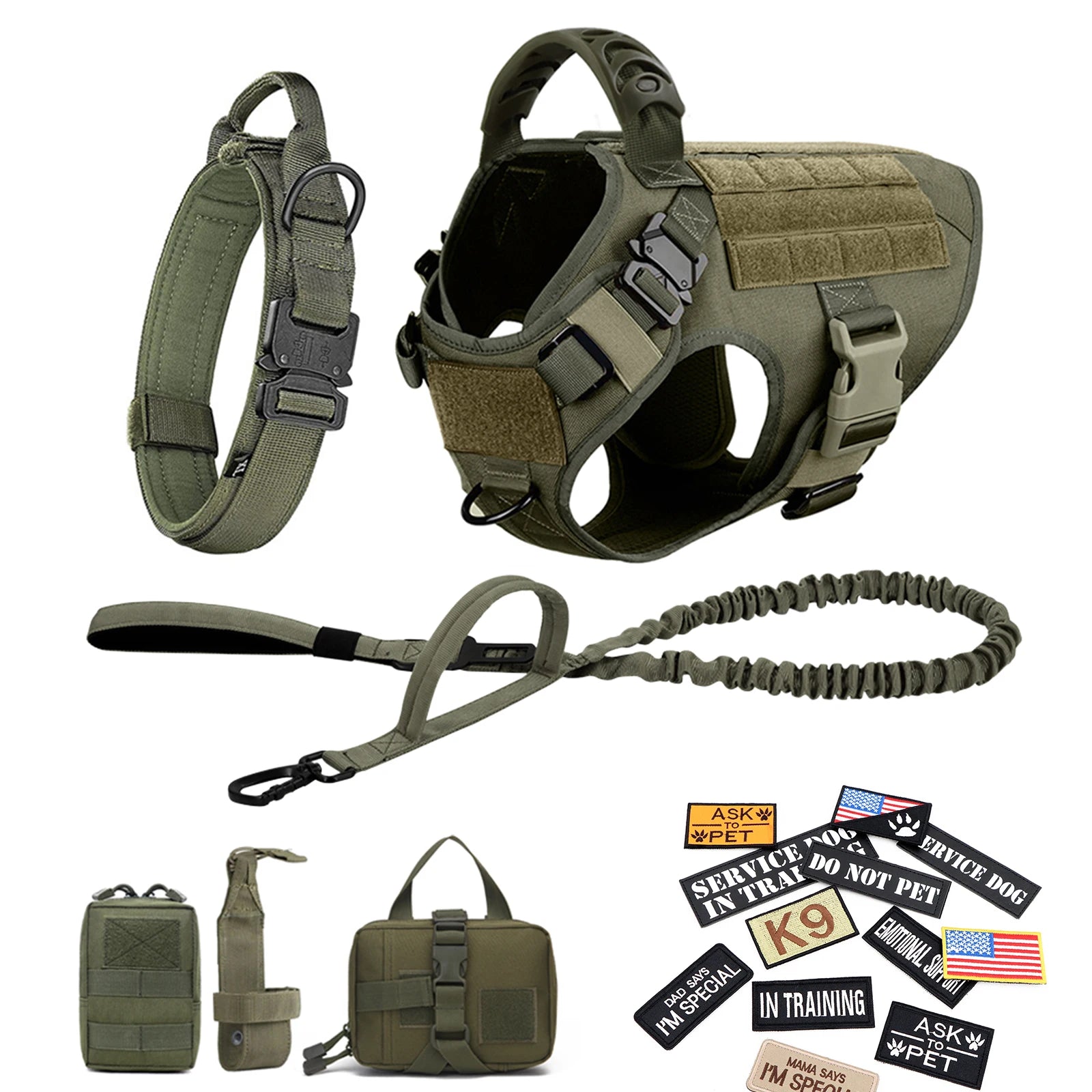 Military Dog Harness/ Collar/ Leash- Bags- Patches Set- Pet Malinois Training Vests-Sizes S to XL- Collars/Leashes