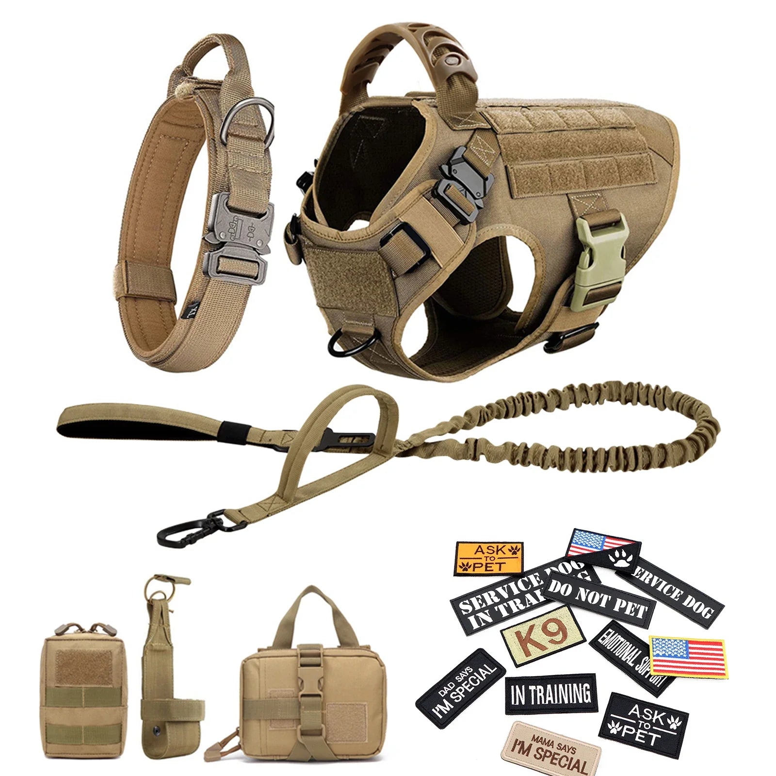 Military Dog Harness/ Collar/ Leash- Bags- Patches Set- Pet Malinois Training Vests-Sizes S to XL- Collars/Leashes