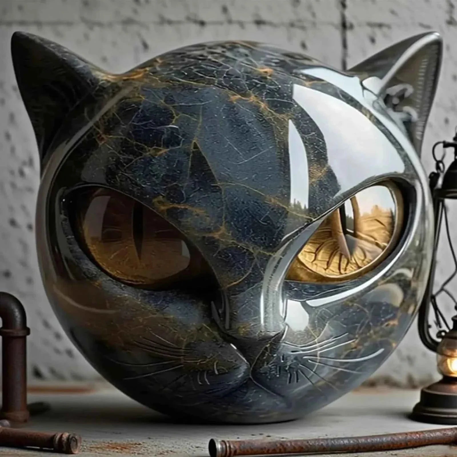 Black Cat Resin Figurine - Marble Texture Cat Head Stone Keepsake Office Desk Decor Gift for Cat Lovers Healing Crystal Style