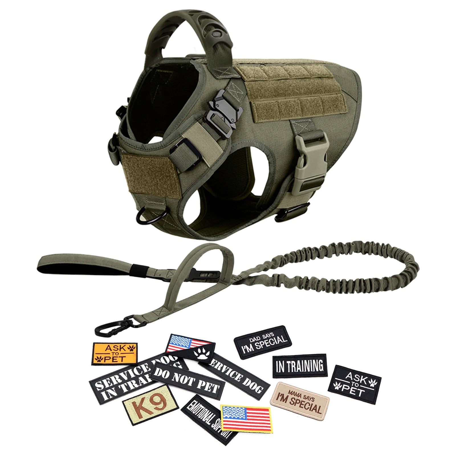 Military Dog Harness/ Collar/ Leash- Bags- Patches Set- Pet Malinois Training Vests-Sizes S to XL- Collars/Leashes