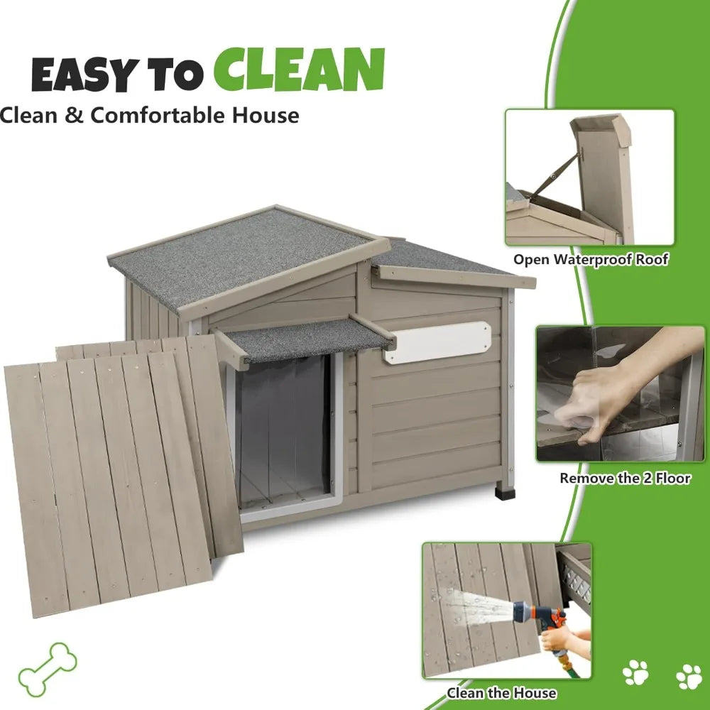 Large Outdoor Wooden Dog House, Weatherproof Dog Houses with Adjustable Vent Windows, Alloy Chew-Resistant Frame, Removable Floo
