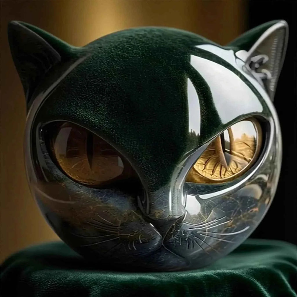 Black Cat Resin Figurine - Marble Texture Cat Head Stone Keepsake Office Desk Decor Gift for Cat Lovers Healing Crystal Style